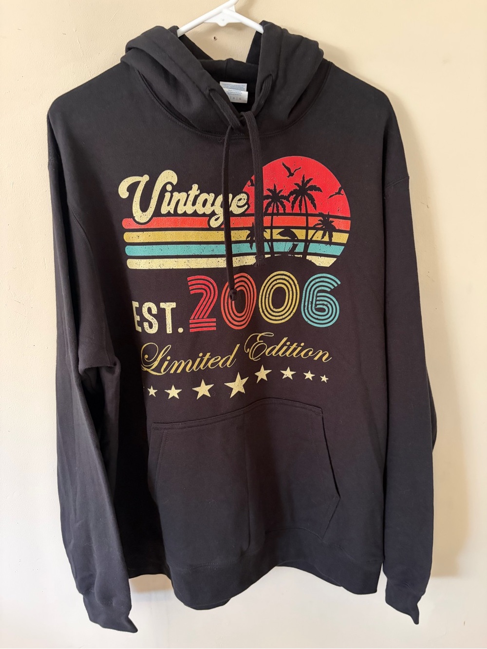 Port and Company Black Hoodie with Retro Multicolor Vintage Graphic
